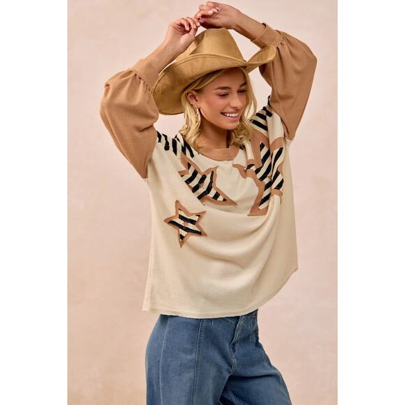 BiBi Star Patchwork Mixed Round Neck Long Sleeves Oversized Sweatshirt | Oatmeal - Picture 2 of 10